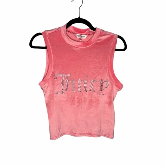 Juicy Couture Pink Velour Sleeveless High Neck Rhinestone Lounge Top - Picture 2 of 5